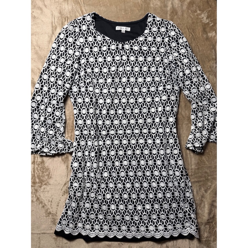 Robbie Bee Womens Black White Geometric Lace Scalloped Hem Shift Dress XL